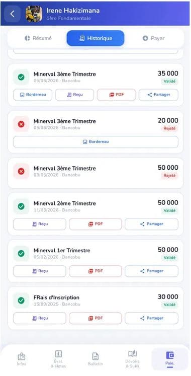 Historique des paiements de minerval avec reçu de paiement validé et partageable